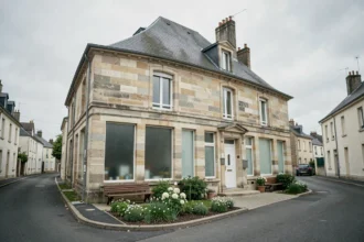 Façade d'une entreprise de pompes funèbres dans le Val-de-Marne, atmosphère calme et digne dans un quartier résidentiel français