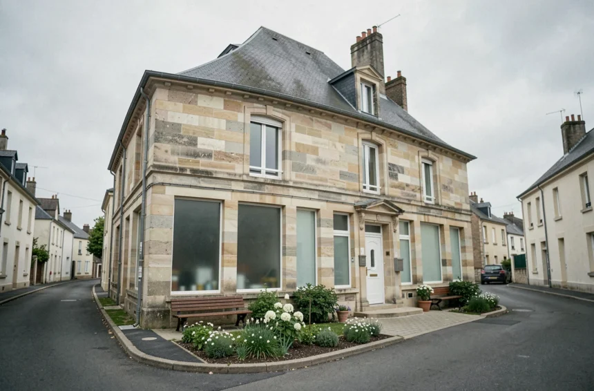 Façade d'une entreprise de pompes funèbres dans le Val-de-Marne, atmosphère calme et digne dans un quartier résidentiel français