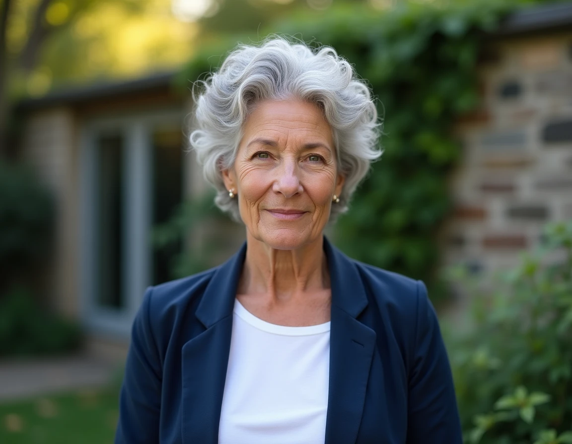 Portrait de femme âgée aux boucles courtes blanches et grises en extérieur, chevelure naturelle et coupe structurée