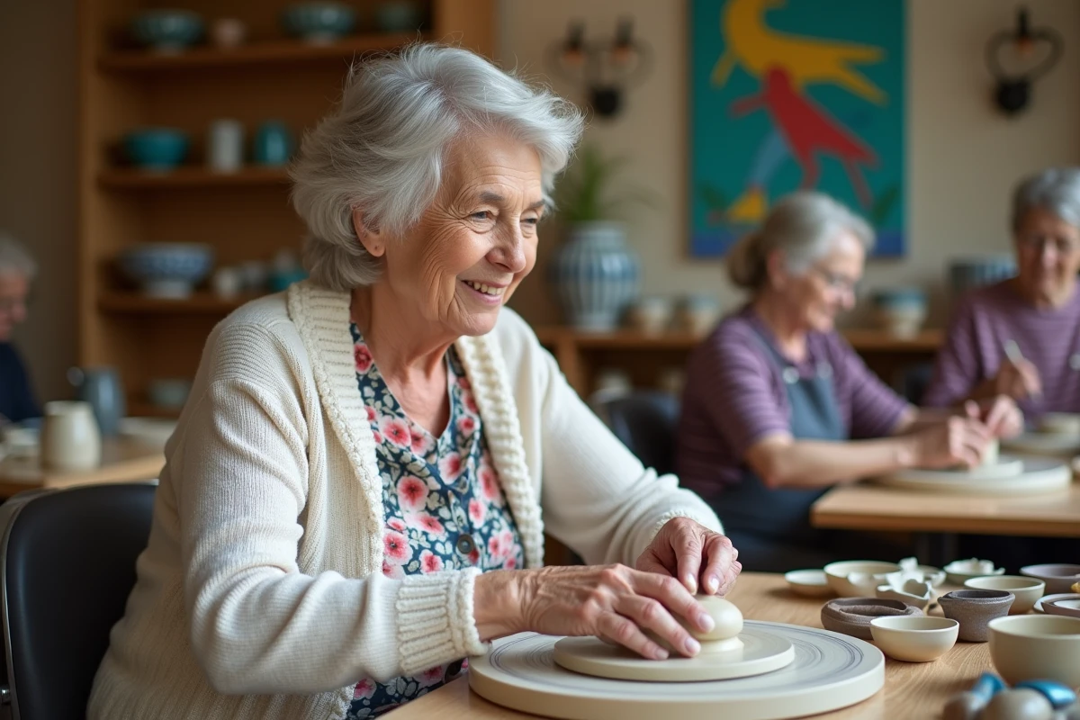 Femme âgée façonnant de l'argile dans un atelier d'art