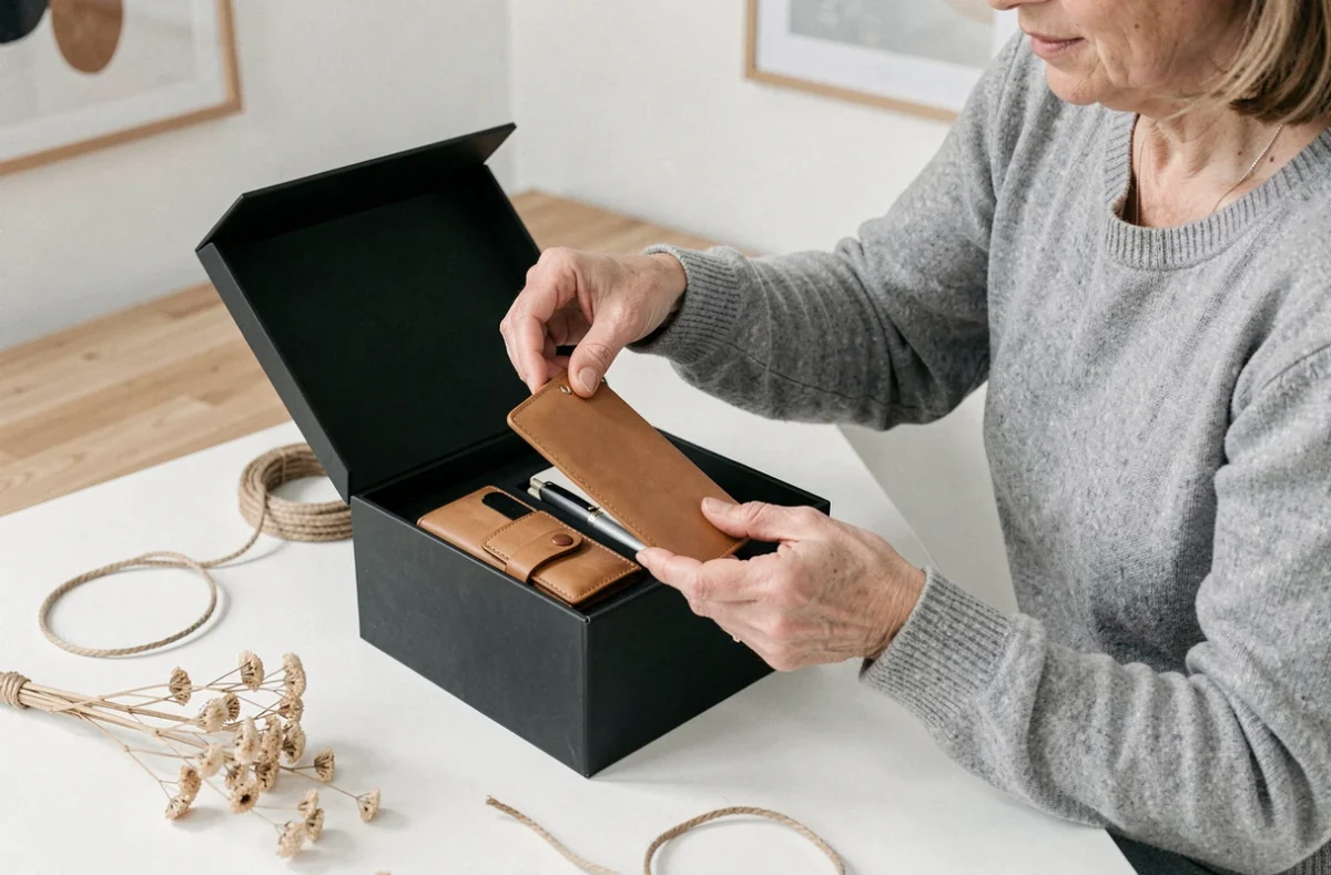 Femme préparant un coffret cadeau raffiné pour un homme de 50 ans avec portefeuille en cuir et carnet sur un bureau minimaliste