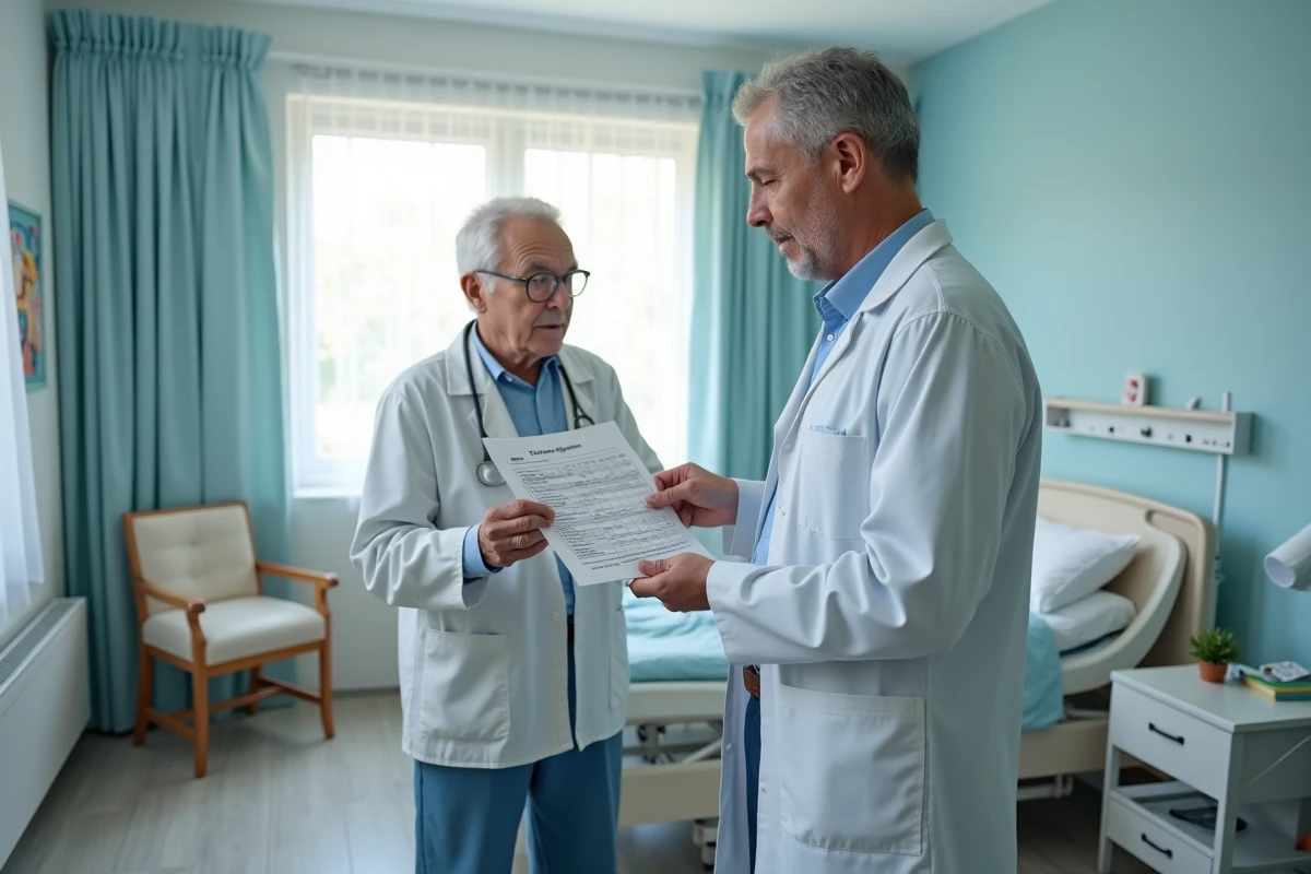 Professionnel de santé et résident en EHPAD examinant ensemble un bilan de scores ADL
