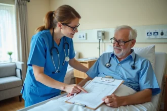 Infirmière aidant un senior avec formulaire Tinetti en salle de rééducation