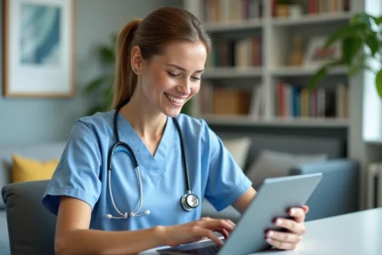 Professionnelle de santé souriante utilisant une tablette
