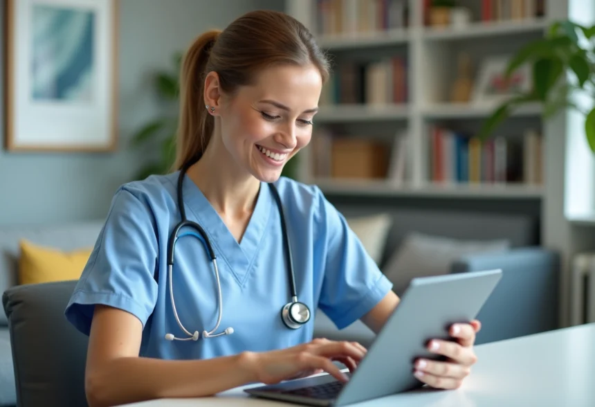 Professionnelle de santé souriante utilisant une tablette