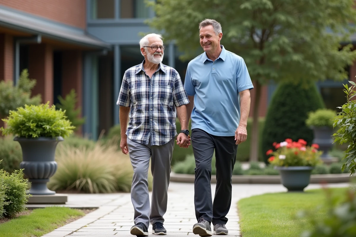 Soignant accompagnant un résident dans un jardin