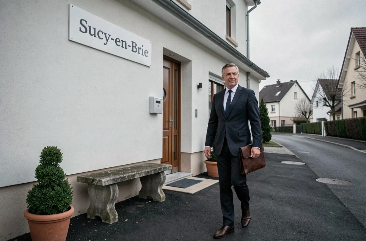 Extérieur de l'établissement Rebillon à Sucy-en-Brie, professionnel funéraire se dirigeant vers l'entrée