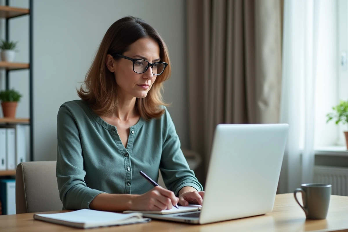 Une femme d'âge mûr recherche des informations sur un ordinateur portable pour comparer maison de retraite et EHPAD, prenant des notes à son bureau