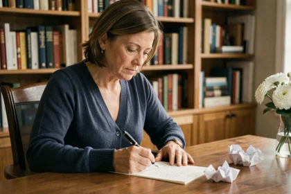 Femme rédigeant un message de condoléances manuscrit à un bureau en bois avec des fleurs blanches