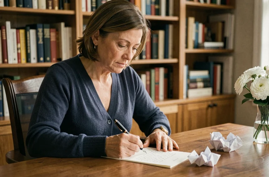 Femme rédigeant un message de condoléances manuscrit à un bureau en bois avec des fleurs blanches