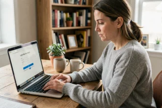 Femme réinitialisant son mot de passe sur un ordinateur portable depuis un bureau à domicile