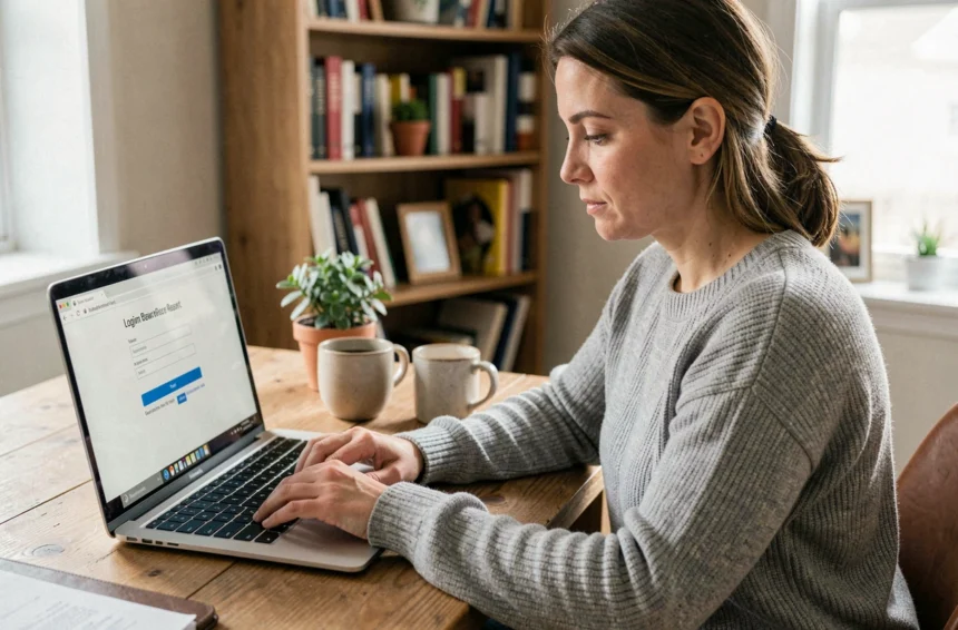 Femme réinitialisant son mot de passe sur un ordinateur portable depuis un bureau à domicile
