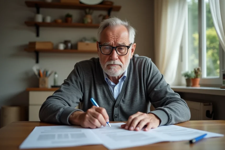 Retraité examinant des documents fiscaux à sa table de cuisine, illustrant l'abattement fiscal de 10% pour les retraités