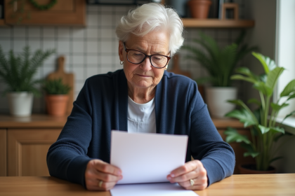 Femme senior lisant une notification de retraite à la maison