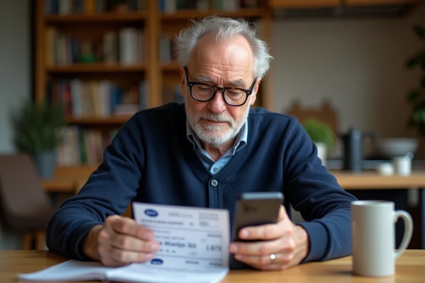 Retraité SNCF examinant son billet de train et son application de réservation sur smartphone à la maison
