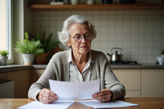Femme retraitée lisant des documents dans une cuisine chaleureuse