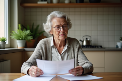 Femme retraitée lisant des documents dans une cuisine chaleureuse