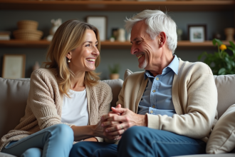Femme et homme âgé se tenant la main dans un salon chaleureux