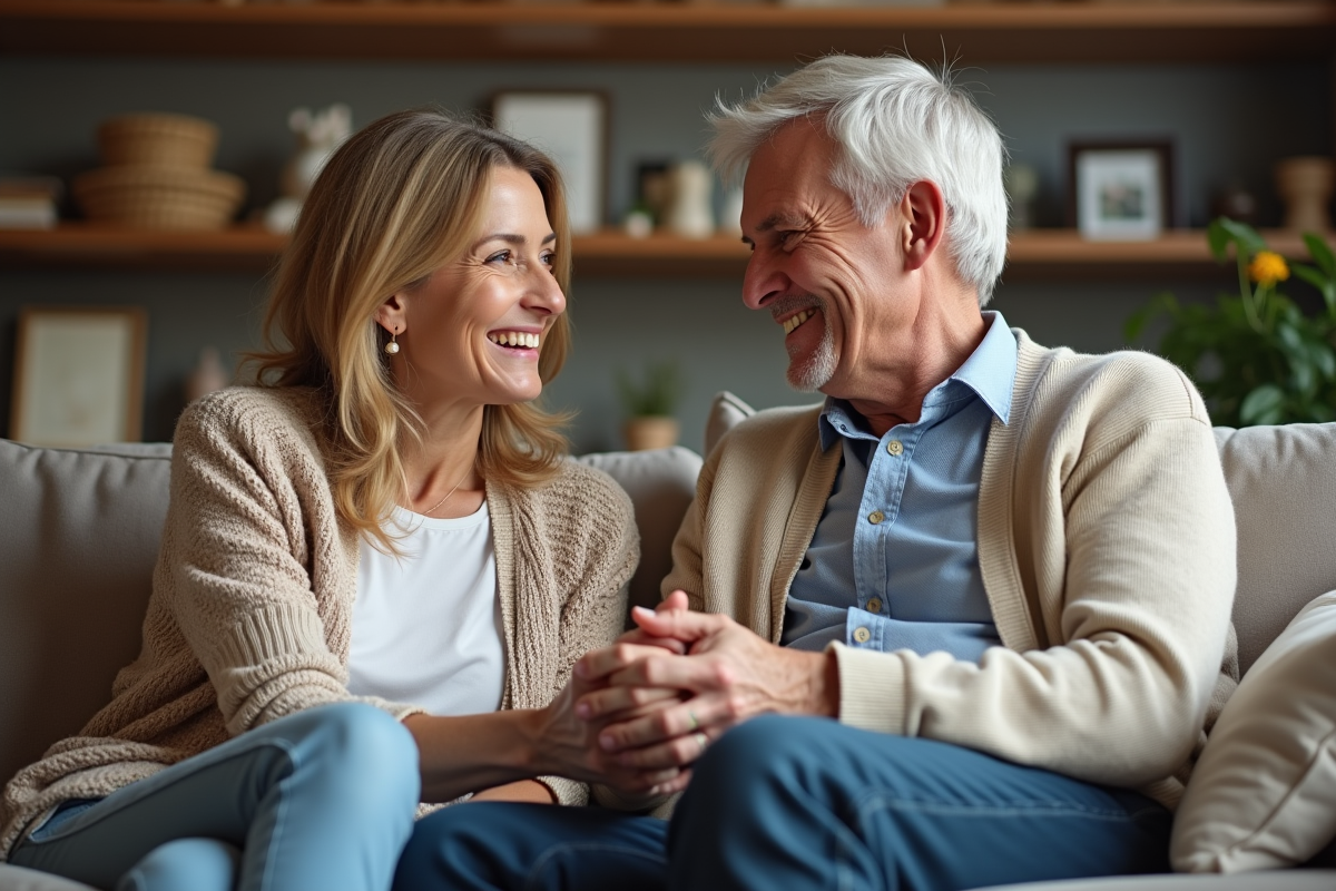 Femme et homme âgé se tenant la main dans un salon chaleureux