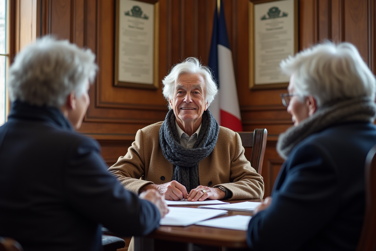Trois seniors discutant avec un travailleur social à la mairie