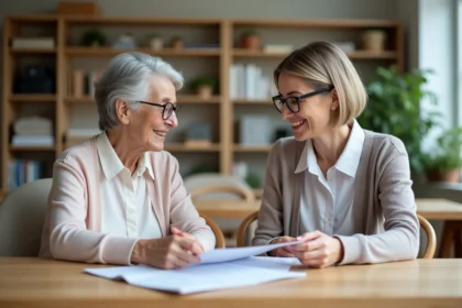 Femme senior souriante avec une aidante dans un salon chaleureux