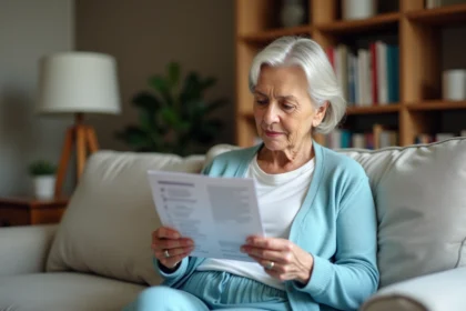 Femme senior lit une notice de medicament dans son salon