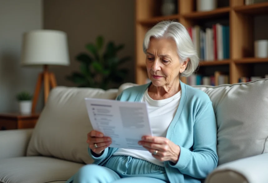Femme senior lit une notice de medicament dans son salon