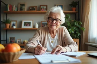 Femme senior lisant des formulaires fiscaux à la maison