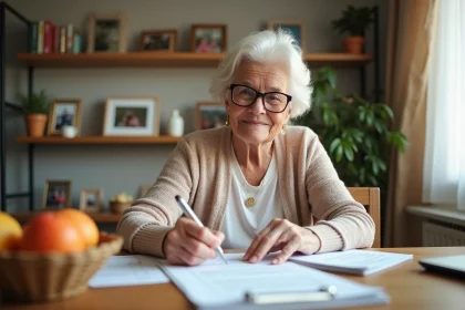 Femme senior lisant des formulaires fiscaux à la maison