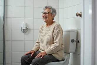 Femme senior assise sur un siège surélevé dans une salle de bain moderne