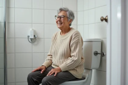 Femme senior assise sur un siège surélevé dans une salle de bain moderne