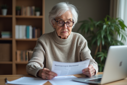 Femme senior lisant des documents de retraite à son bureau