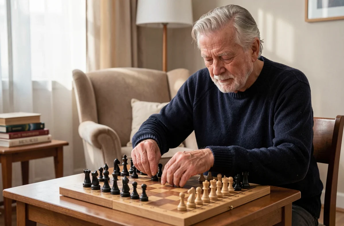 Homme senior concentré sur une partie d'échecs dans un salon cosy, jeu de société stimulant la mémoire et la réflexion chez les personnes âgées
