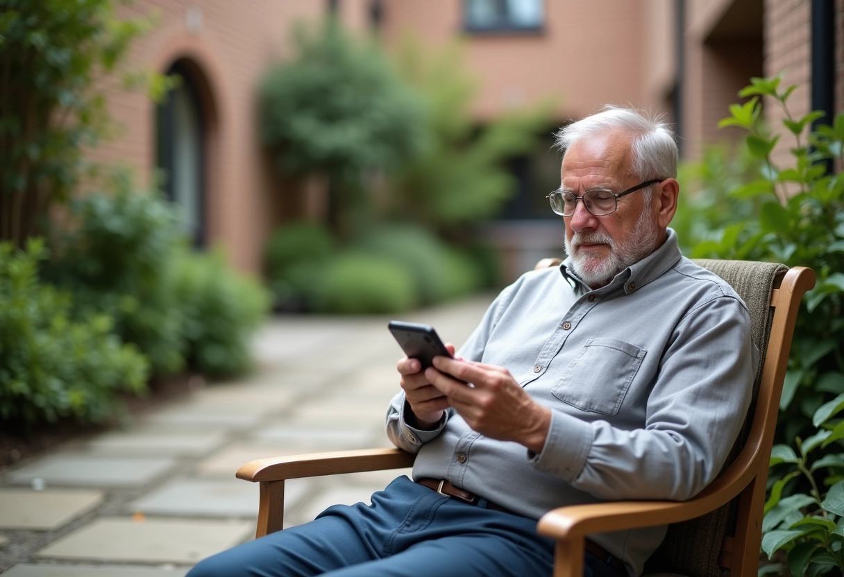 Homme âgé dans un jardin avec smartphone