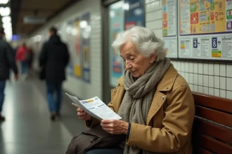 Femme âgée examinant sa carte Navigo dans le métro parisien