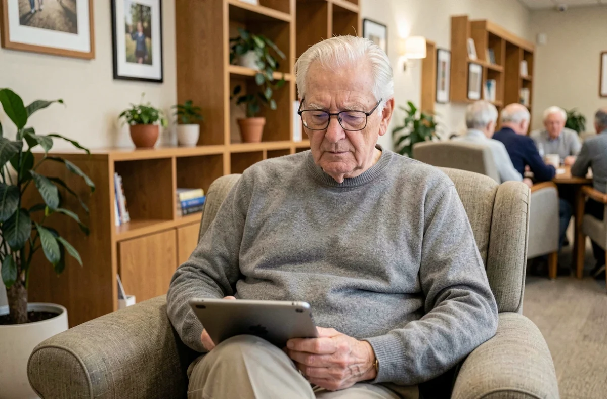 Un homme âgé consulte un site de recherche de maison de retraite sur une tablette dans un salon de résidence senior