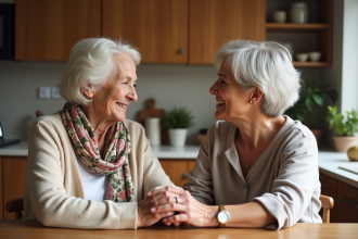 Seniorelle avec aidante discutant à la maison