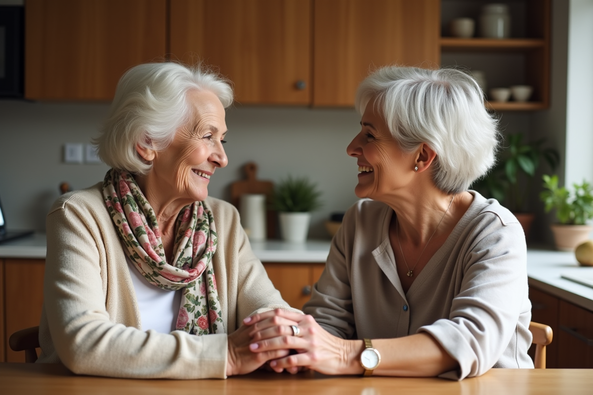 Seniorelle avec aidante discutant à la maison