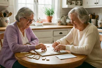 Deux femmes âgées jouant au Scrabble ensemble autour d'une table en bois dans une cuisine chaleureuse, stimulant leur mémoire par le jeu de société