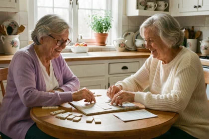 Deux femmes âgées jouant au Scrabble ensemble autour d'une table en bois dans une cuisine chaleureuse, stimulant leur mémoire par le jeu de société