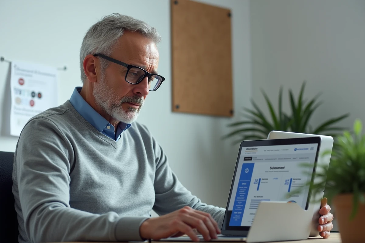 Homme consultant une simulation de retraite complémentaire Agirc-Arrco sur ordinateur depuis son bureau à domicile