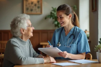 Femme en blouse d'hôpital souriante avec résident âgé
