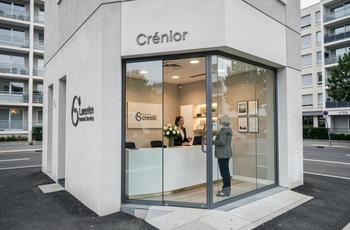 Bureau contemporain de SPfunéraire à Créteil, conseillère funéraire en discussion avec un visiteur dans l'espace d'accueil