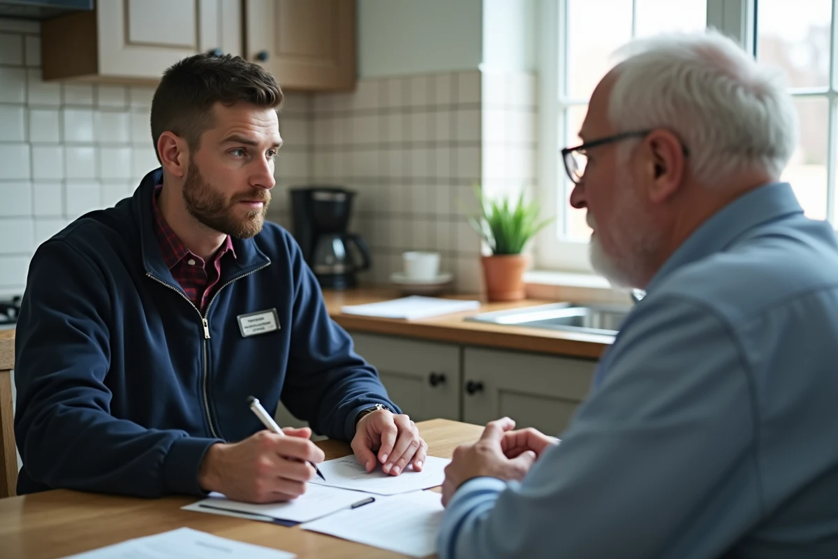 Professionnel d'aide à domicile aidant un senior à comprendre les coûts et tarifs horaires d'un service ADMR à domicile