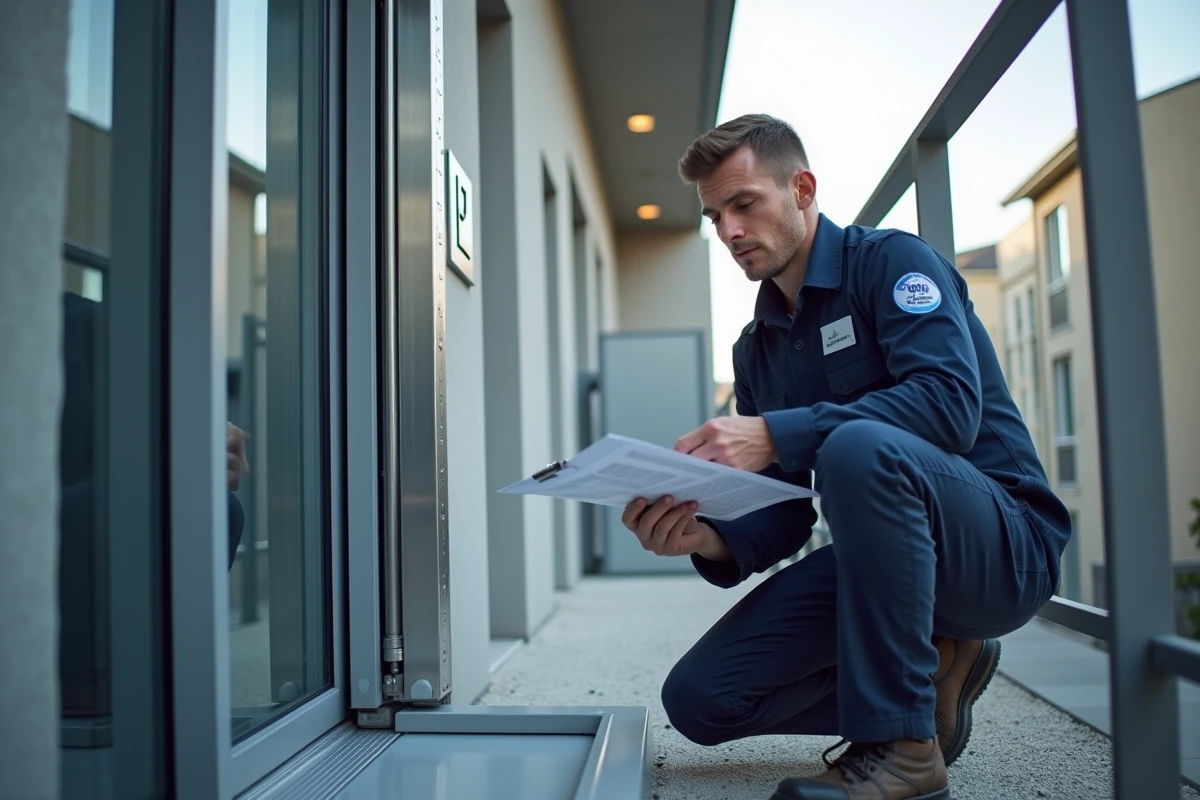 Technicien inspectant un élévateur PMR extérieur installé sur la façade d'un immeuble résidentiel moderne