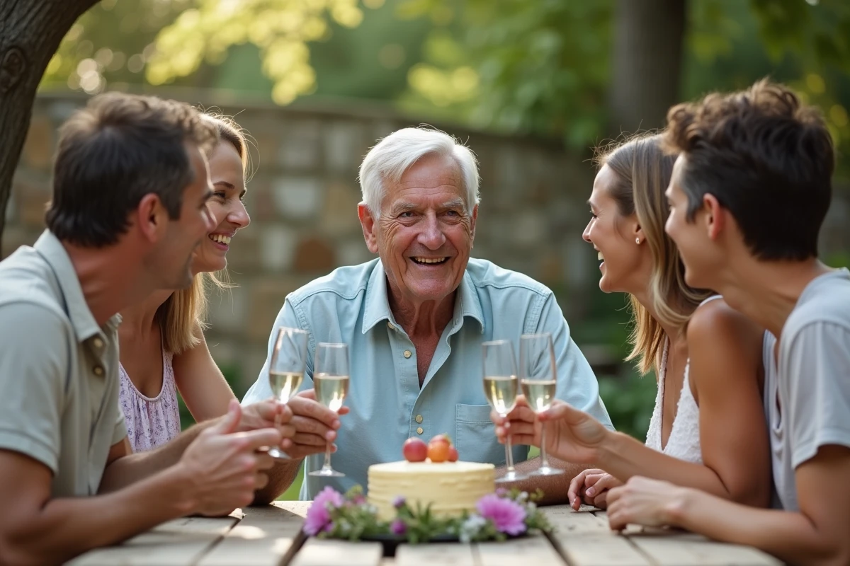 Famille portant un toast autour d'un homme de 70 ans lors d'un anniversaire en jardin