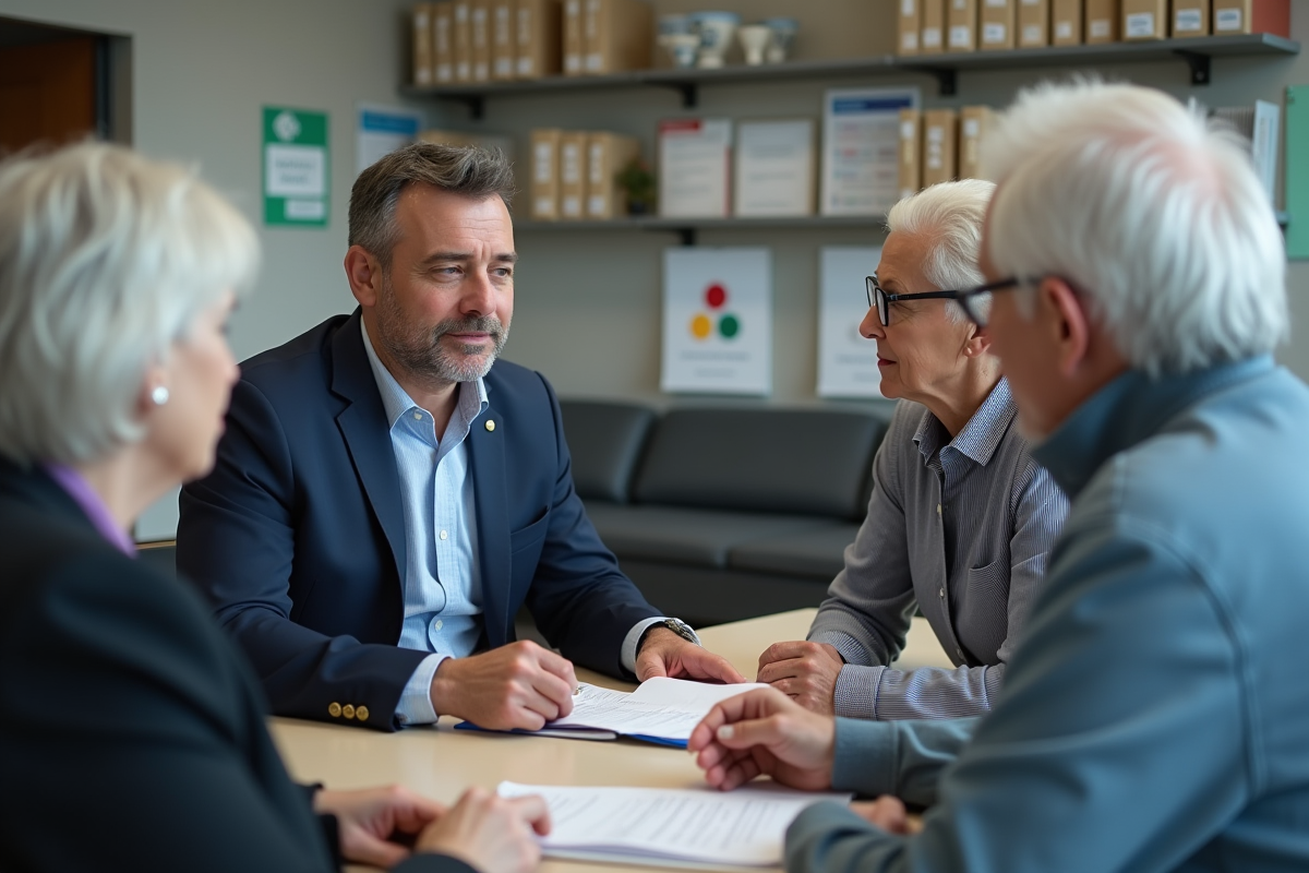 Travailleur social expliquant des documents à un couple