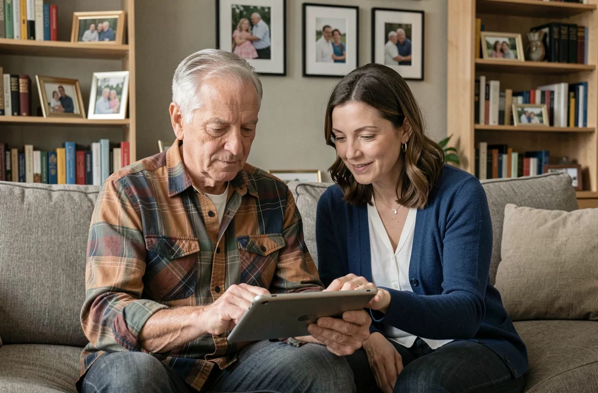 Un tuteur familial aidant un senior à utiliser l'interface numérique MonProxima sur une tablette dans un salon familial