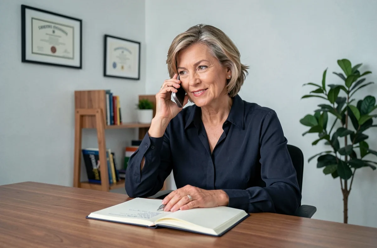 Une tutrice familiale prenant des notes au téléphone dans un bureau à domicile organisé, illustrant la gestion administrative MonProxima