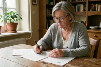 Femme d'une cinquantaine d'années vérifiant ses documents de pension d'invalidité à la maison